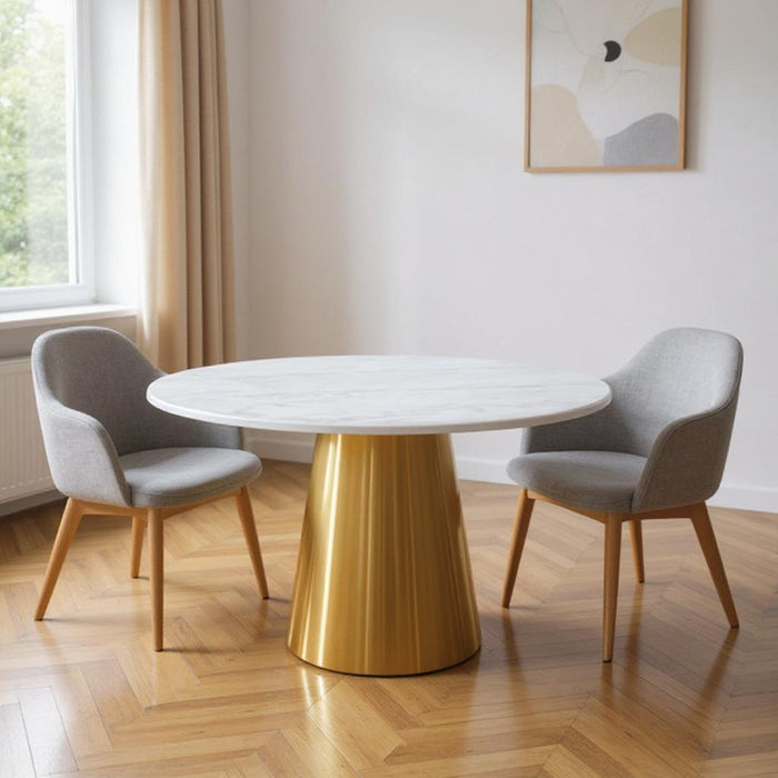 54" Marble And Metal Pedestal Base Round Top Dining Room Table - Gray / White