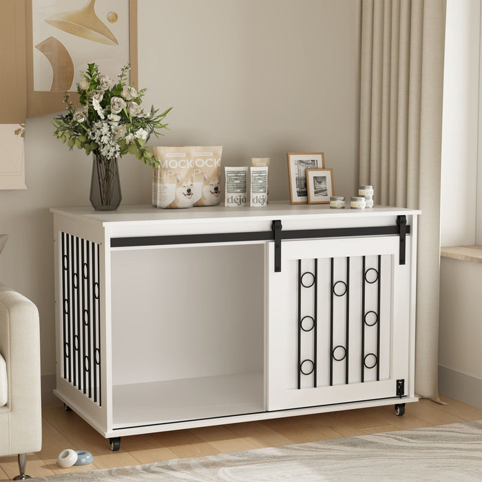 White Giga dog crate with sliding barn door, side access, lockable wheels, suitable for small to medium dogs, sturdy cage.