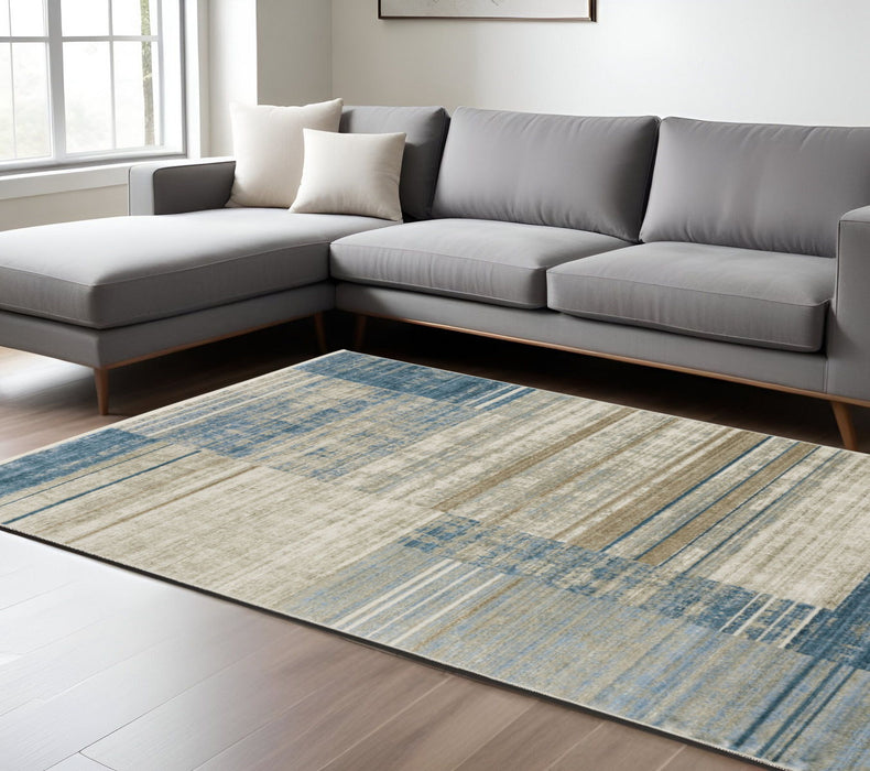 6' x 9' Geometric Power Loom Stain Resistant Area Rug With Fringe - Blue Dark Blue Teal Gray Ivory Beige And Tan