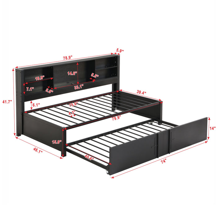 Giga industrial metal daybed with trundle, storage shelves, and USB ports, featuring a sturdy metal frame and modern design.