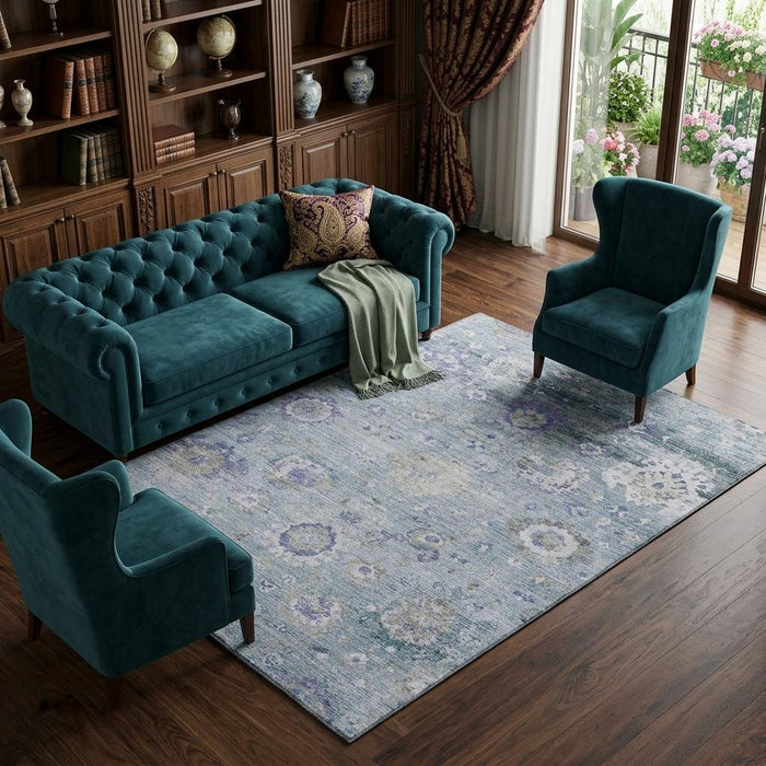 10' X 14' Floral Washable Area Rug With UV Protection (684492) - Sky Blue / Beige / Purple
