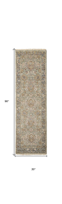 8' Wool Oriental Hand Knotted Traditional Runner Rug With Fringe - Gray And Gold