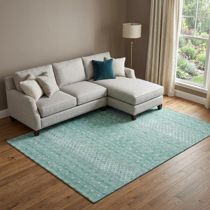 10' X 14' Tribal Washable Area Rug With UV Protection (657155) - Aqua / Ivory