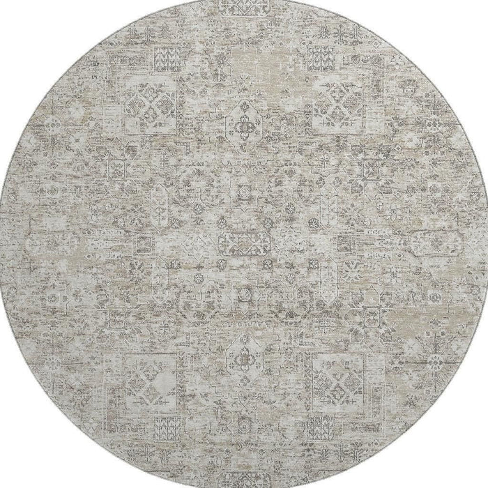 8' Floral Washable Round Rug With UV Protection (651223) - Taupe / Ivory
