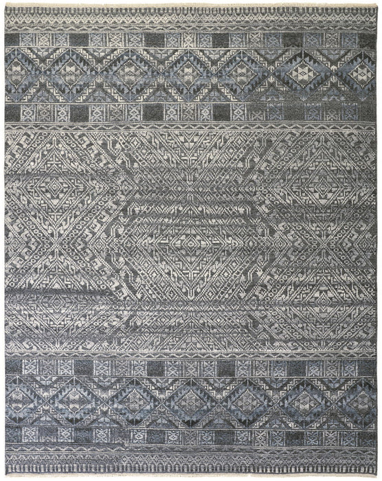 6' x 9' Geometric Hand Knotted Area Rug - Gray Ivory And Blue