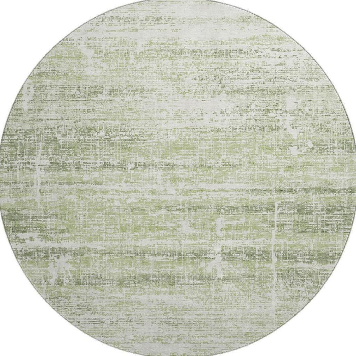 8' Abstract Washable Round Rug With UV Protection - Artichoke Green / Ivory