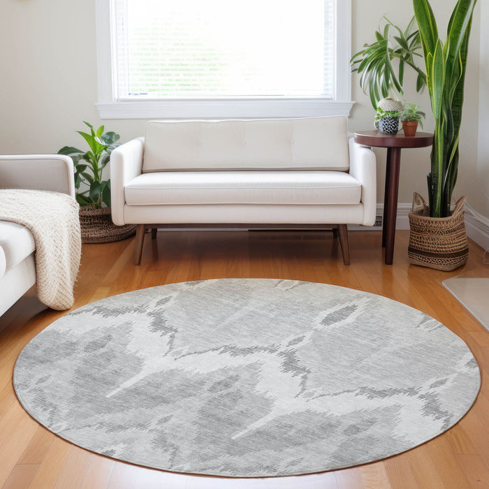 8' Ikat Washable Round Rug With UV Protection - Silver And Gray
