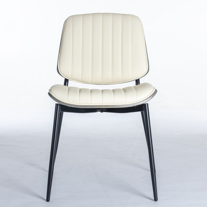Set of 2 Giga mid-century modern dining chairs with walnut bentwood backs, upholstered seats, metal legs, and adjustable feet.