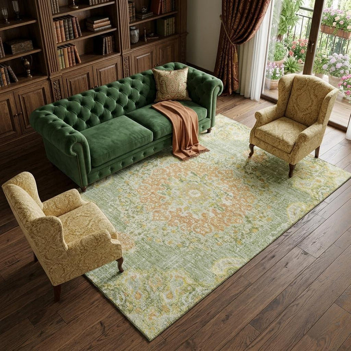 10' X 14' Floral Washable Area Rug With UV Protection (692226) - Artichoke Green / Copper / Gold