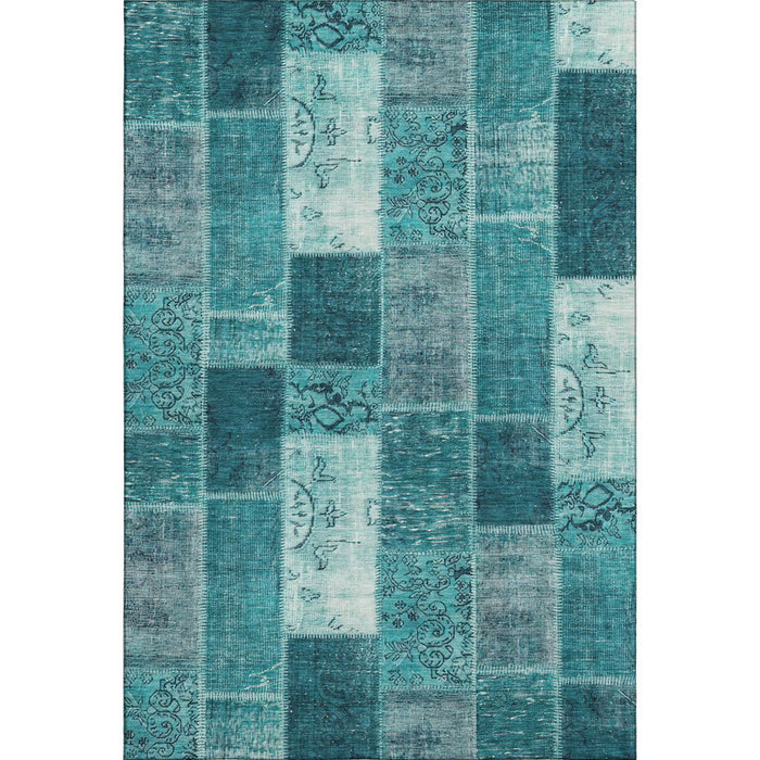 10' X 14' Patchwork Washable Area Rug With UV Protection (652971) - Teal / Ivory