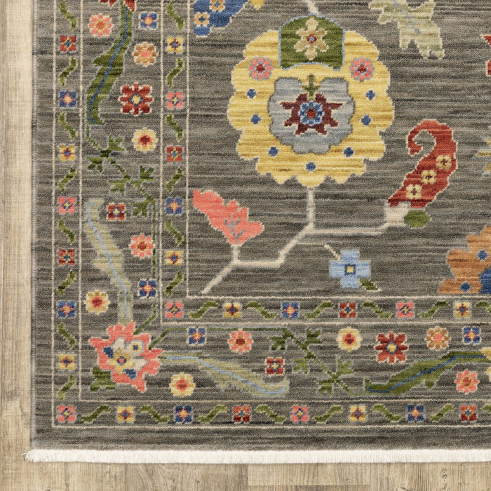 6' x 9' Oriental Power Loom Stain Resistant Area Rug With Fringe - Gray Blue Pink Orange Rust Red Green And Ivory