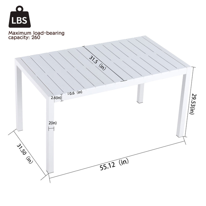 Giga modern long dining table with UV-resistant polypropylene tabletop and rust-proof powder-coated metal legs in snow white.