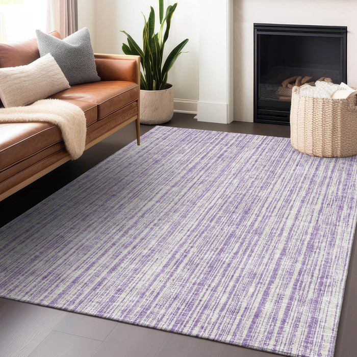 10' X 14' Striped Washable Area Rug With UV Protection - Lavender And Ivory