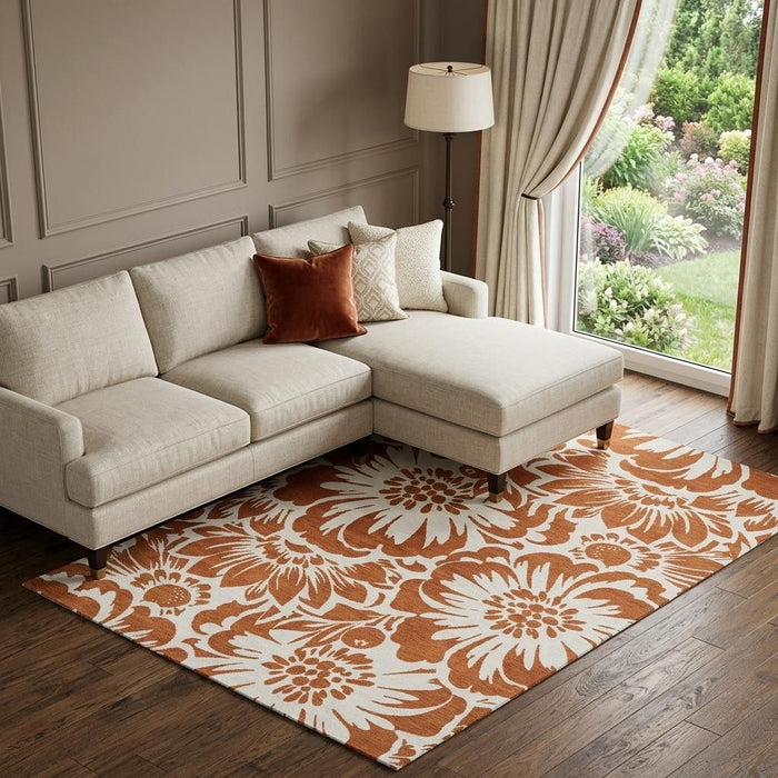 9' X 12' Floral Washable Area Rug With UV Protection (648681) - Rust / Ivory