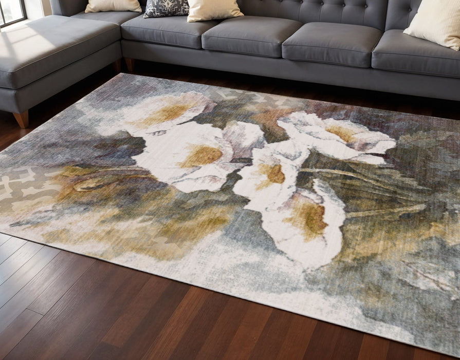 8' X 10' Botanical Leaves Area Rug (660202) - Cream / Blue / Yellow