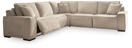 Benchcraft Carceri 5-piece power sectional reclining sofa in soft cashmere, featuring plush cushions and adjustable reclining seats.