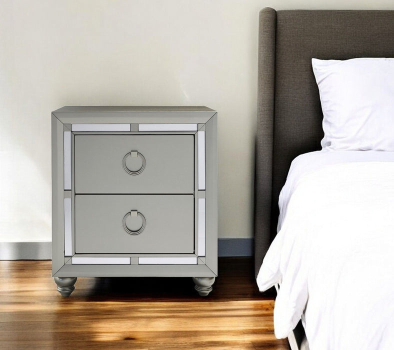 Champagne Tone Nightstand With 2 Drawer Mirror Trim Accent - Silver