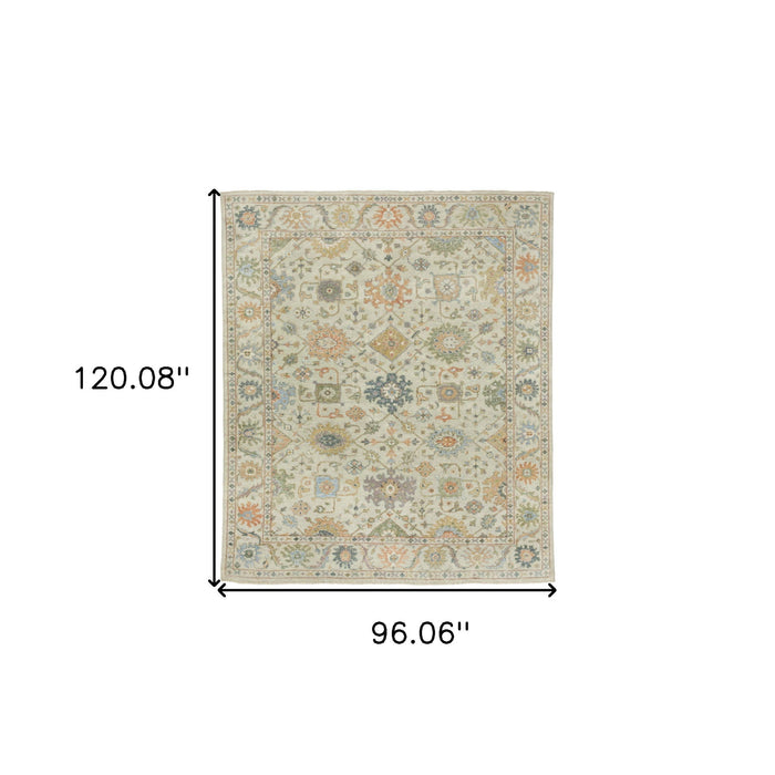 8' X 10' Wool Oriental Hand Knotted Area Rug With Fringe - Beige And Green