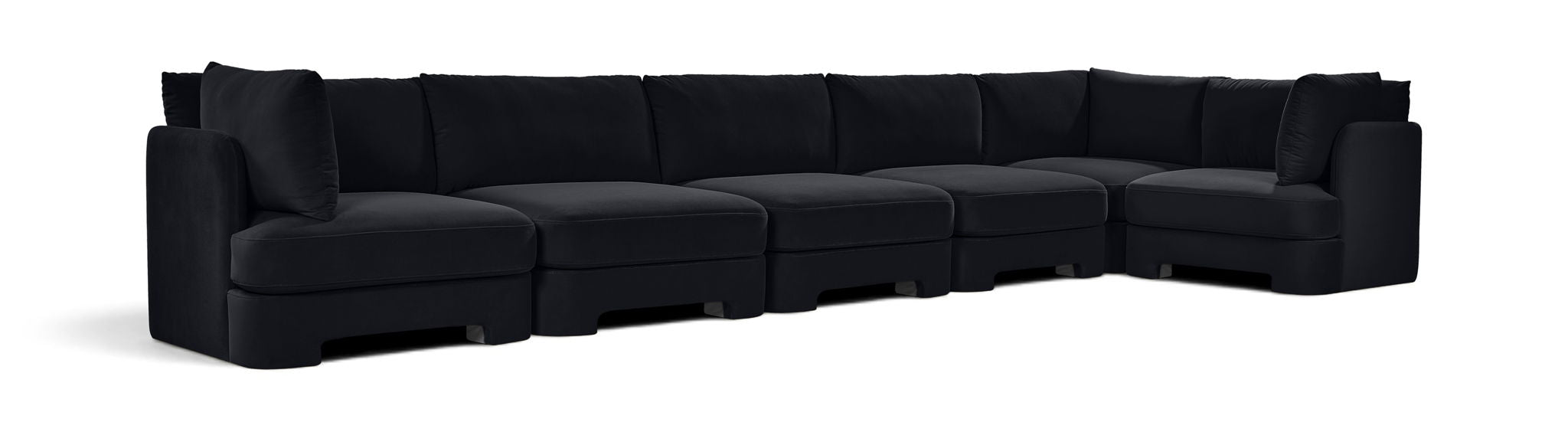 Meridian Furniture Hammond velvet performance fabric L-shaped sectional with six sections, upholstered stationary living room sofa.