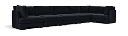Meridian Furniture Hammond velvet performance fabric L-shaped sectional with six sections, upholstered stationary living room sofa.