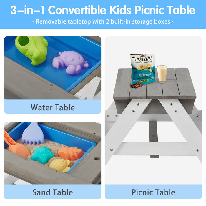 Giga 3-in-1 kids outdoor wooden picnic table with umbrella, convertible sand and water play area, ASTM and CPSIA certified