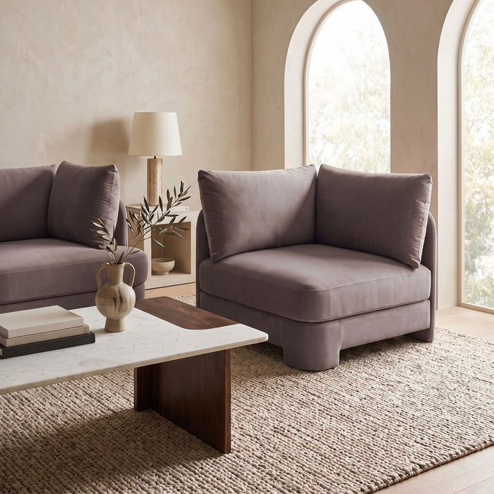 Meridian Furniture Hammond velvet upholstered corner chair, stationary design with plush fabric and modern style.