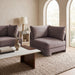 Meridian Furniture Hammond velvet upholstered corner chair, stationary design with plush fabric and modern style.