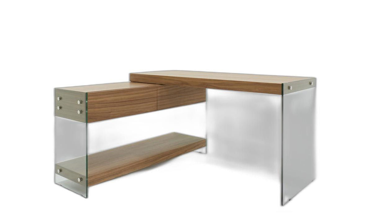Glass L Shape Writing Office Desk - Walnut