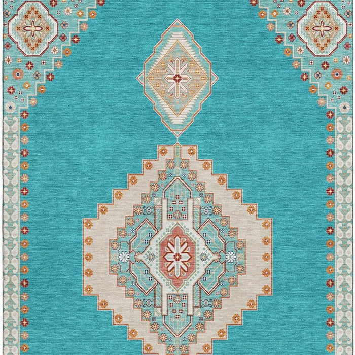 10' X 14' Oriental Washable Area Rug With UV Protection (679606) - Teal / Salmon / Beige