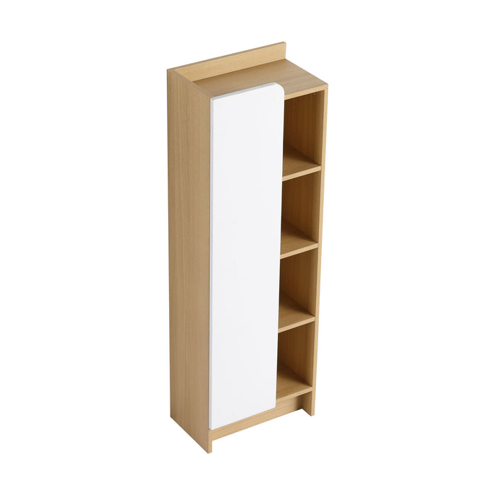 Giga tall freestanding bathroom linen cabinet with single door and four open shelves in black, light oak, and white finish.