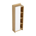 Giga tall freestanding bathroom linen cabinet with single door and four open shelves in black, light oak, and white finish.