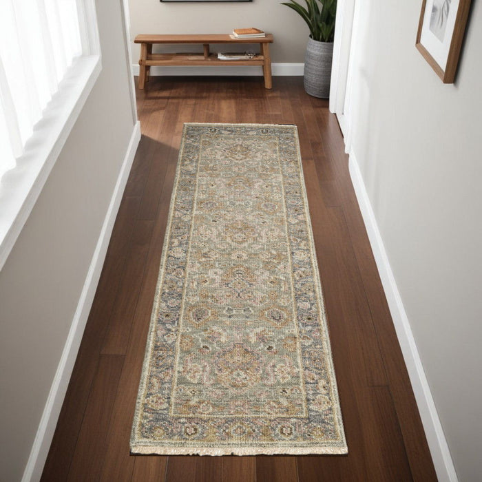 8' Wool Oriental Hand Knotted Traditional Runner Rug With Fringe - Gray And Gold