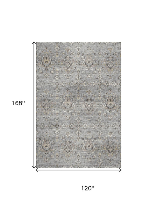 10' X 14' Floral Medallion Distressed Washable Area Rug With UV Protection (644556) - Ash Gray / Brown / Ivory
