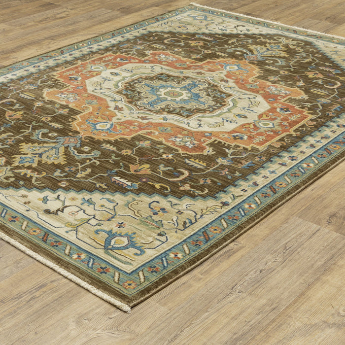 10' X 13' Oriental Area Rug With Fringe - Brown And Orange