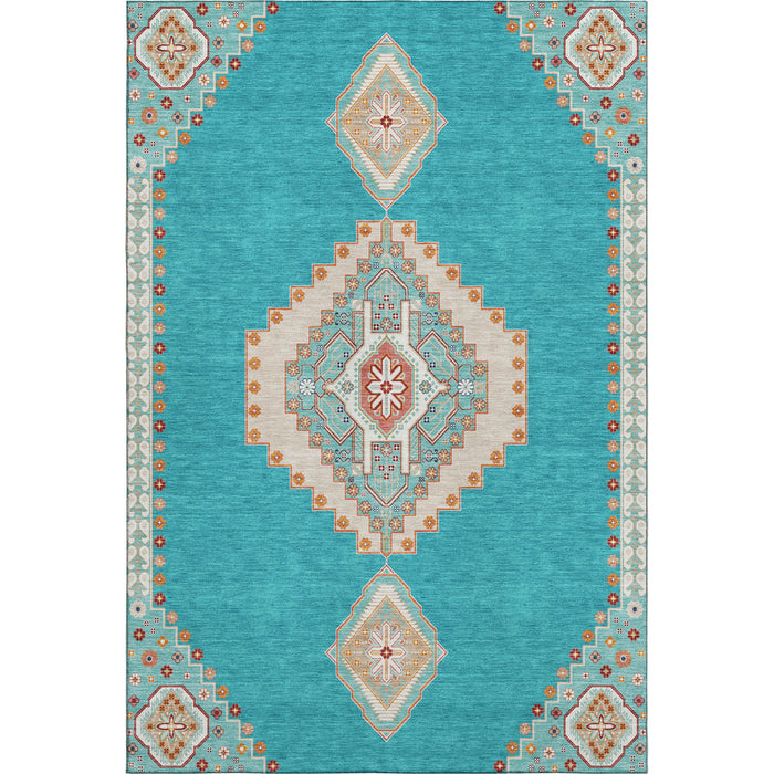 10' X 14' Oriental Washable Area Rug With UV Protection (679606) - Teal / Salmon / Beige