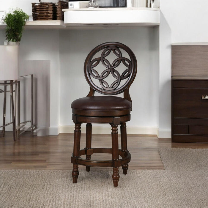 Faux Leather Solid Wood Counter Height Swivel Bar Chair - Dark Brown / Walnut