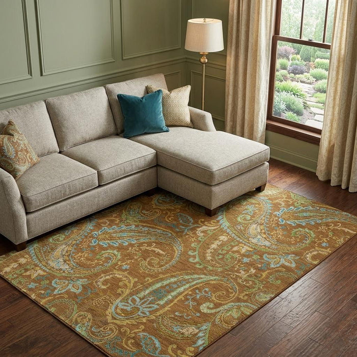 10' X 14' Paisley Washable Area Rug With UV Protection (647992) - Rust / Blue / Green
