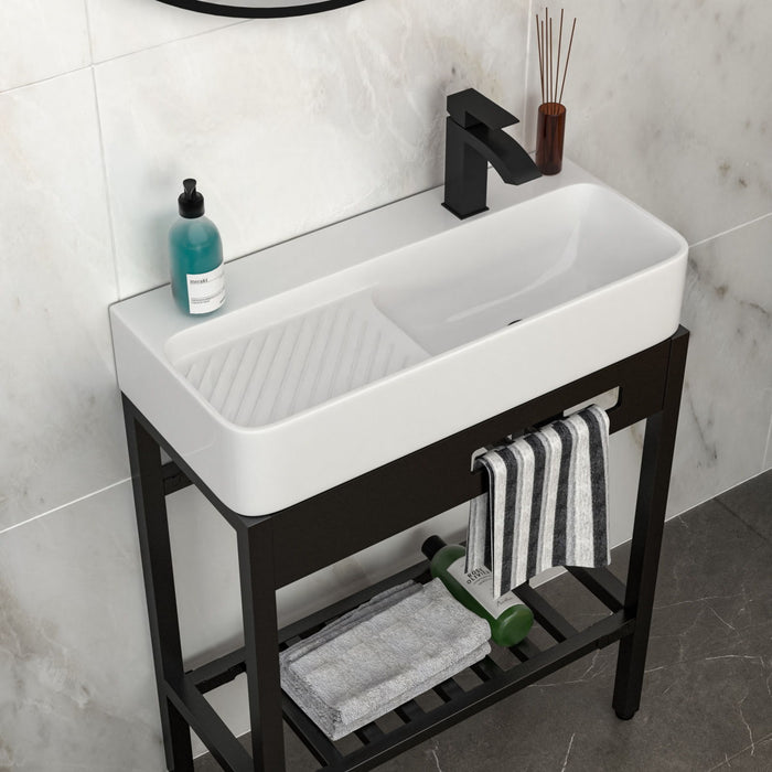 Giga inspired white and black console vanity sink with built-in washboard, overflow, and sleek legs, measuring 28x12 inches.