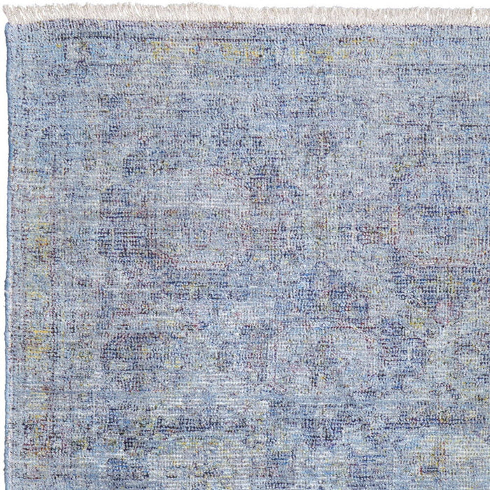 9' X 12' Abstract Hand Woven Distressed Area Rug With Fringe - Blue And Ivory