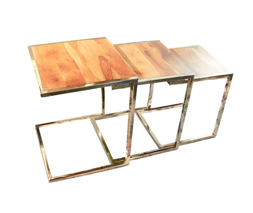 Stylish Wood And Metal C Shaped Nesting End Tables (Set of 3) - Brown Natural