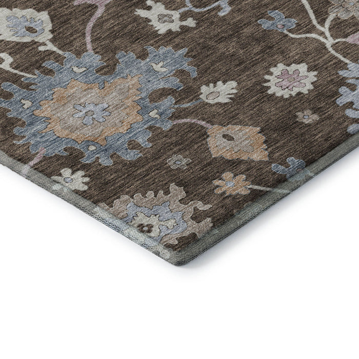 10' X 14' Floral Washable Area Rug With UV Protection (688480) - Chocolate / Blue / Beige