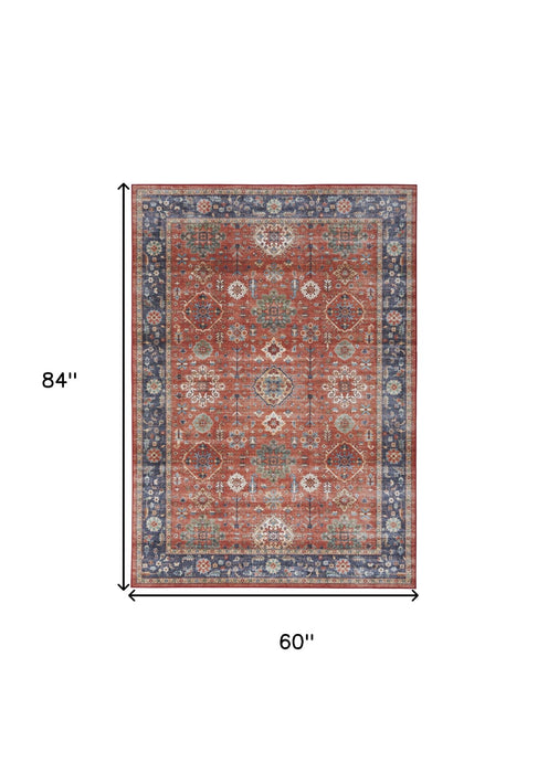 5' X 7' Oriental Distressed Area Rug (553244) - Rust / Blue / White