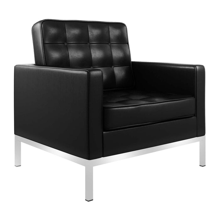 Italian Leather Tufted Arm Chair - Black And Silver