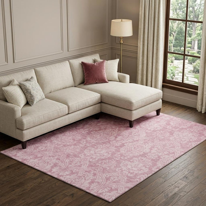 10' X 14' Damask Washable Area Rug With UV Protection (696374) - Pink / Ivory