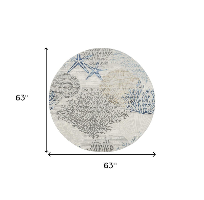 5' Seashell Non Skid Round Rug (550096) - Ivory / Blue / Gray