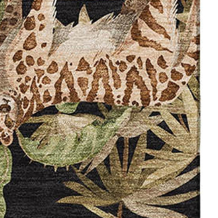 10' X 14' Tropical Botanical Distressed Washable Area Rug With UV Protection (646355) - Midnight / Brown / Olive Green