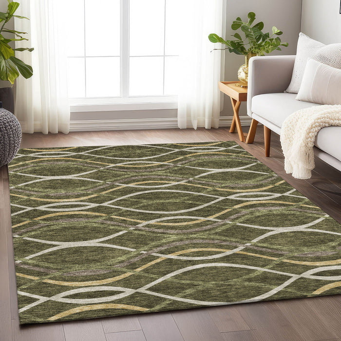 10' X 14' Abstract Washable Area Rug With UV Protection - Olive Green And Gold