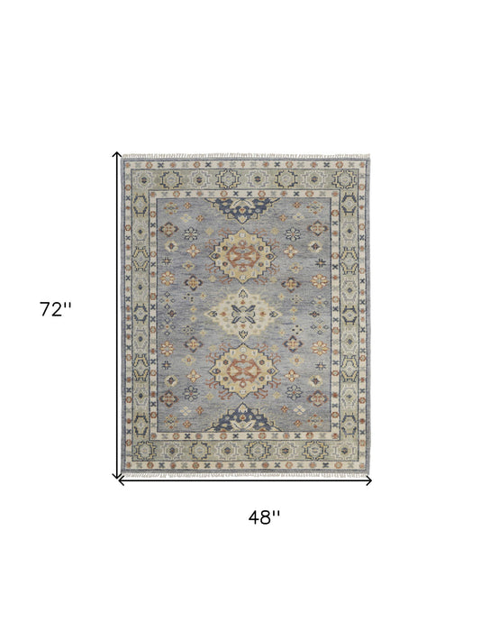 4' x 6' Wool Geometric Hand Knotted Area Rug With Fringe - Gray Blue And Taupe