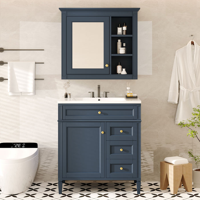 Giga bathroom vanity with top sink, two doors, three drawers, freestanding set, mirror cabinet, modern design