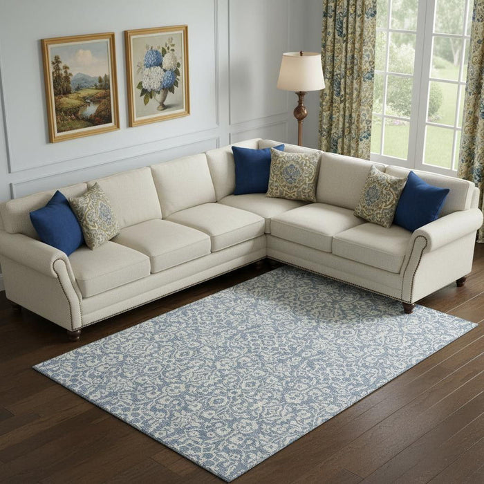 10' X 14' Damask Washable Area Rug With UV Protection (673115) - Denim Blue / Ivory